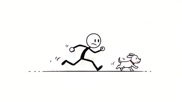 Stick figure person running after dog illustration