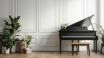 Grand piano in elegant room, plants, wood floor. Interior design