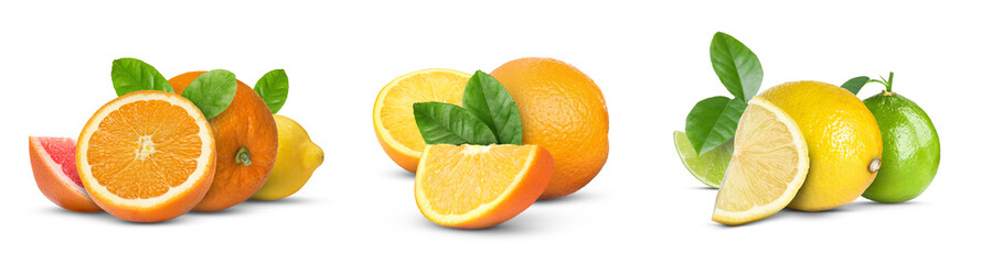 Fresh citrus fruits and green leaves on white background, set
