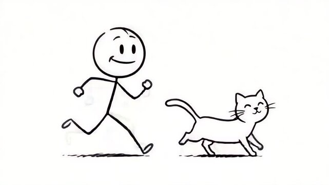 Stick figure person running with cat illustration