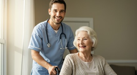 Obraz premium Caregiver smiling with elderly woman in wheelchair indoors near window.