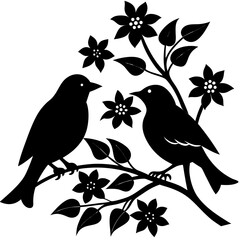 silhouette birds on a tree on white background
