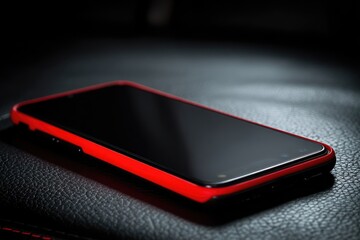 Sleek red-rimmed phone rests on dark leather surface