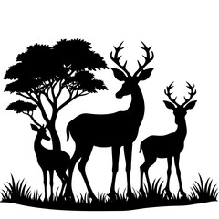  silhouette deer   family in the forest on white backgroundset 