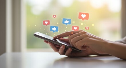 Hands using a smartphone with social media icons floating above the screen.