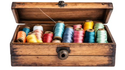 A vintage sewing kit with a wooden box and colorful spools of thread, representing the art of sewing, isolated on a transparent background