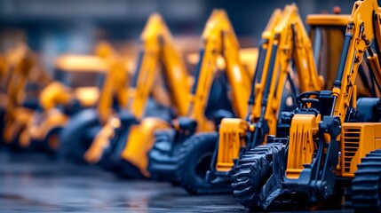 Fototapeta premium Heavy Duty Backhoe Loaders Arranged in Fleet Formation at Dealership With Blurred Background and Branding Room Left