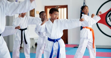 Fitness, karate and learning with kids in class for combat, fighting or self defense training. Development, exercise or sports with children and sensei in dojo for martial arts lesson or practice © peopleimages.com