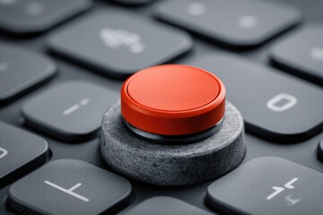 A large red button sits atop a dark gray keyboard