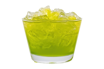 Refreshing neon green drink with ice in a transparent glass on a stark white backdrop