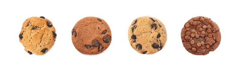 Yummy chocolate chip cookies isolated on white, set