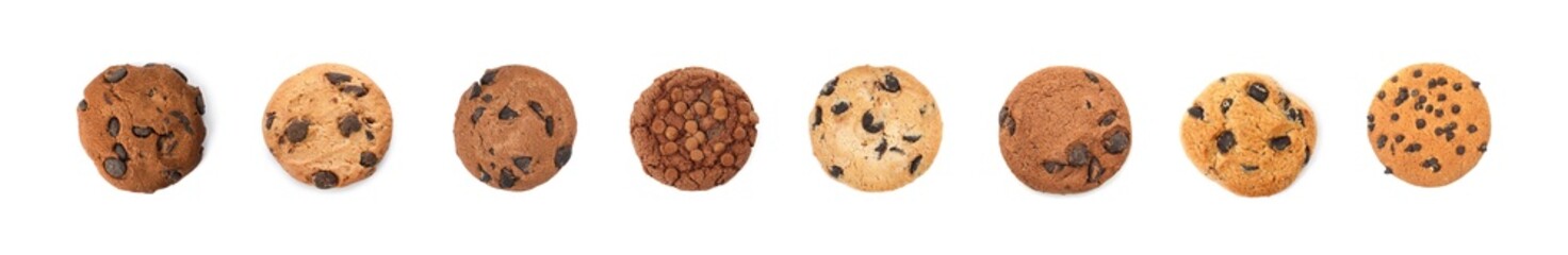 Yummy chocolate chip cookies isolated on white, set