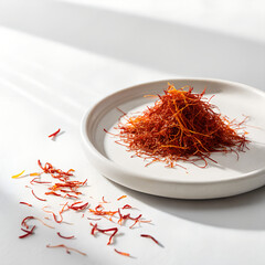 Close-Up of Premium Saffron Threads in Wooden Spoon on Dark Red Background

