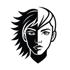 Abstract portrait of a young woman with half her face in shadow and contrasting light representing duality