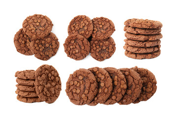 Yummy chocolate chip cookies isolated on white, collage