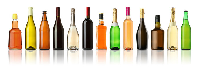 Bottles with different types of alcoholic drinks isolated on white, set