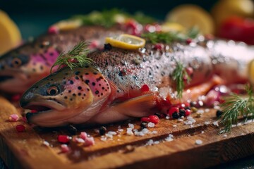 Two whole rainbow trout, seasoned with fresh herbs and spices, ready for a meal.