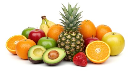 Pile of various fresh fruits including pineapple oranges apples and avocado.