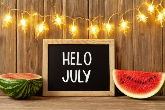 Hello July Background Banner. Chalkboard with "Hello July," watermelon slices, and festive string lights on a rustic wooden background.