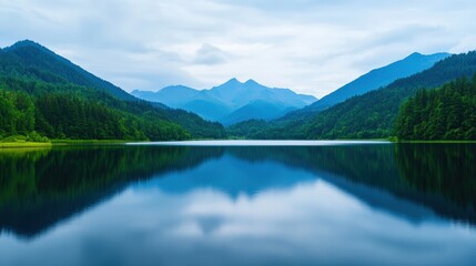 Fototapeta premium Serene mountain lake reflecting tranquil sky at dawn