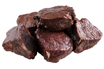 Richly hued cubed meat glistens against a dark abyss inviting culinary exploration