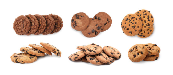 Yummy chocolate chip cookies isolated on white, collage