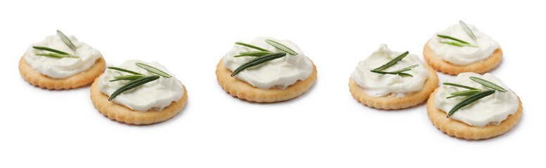 Delicious crackers with cream cheese and rosemary isolated on white, collage