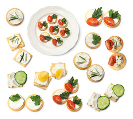 Delicious crackers with different toppings isolated on white, collage. Top view
