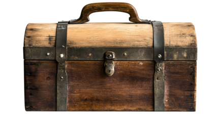 A wooden bread box with a metal handle and vintage design, isolated on a transparent background.