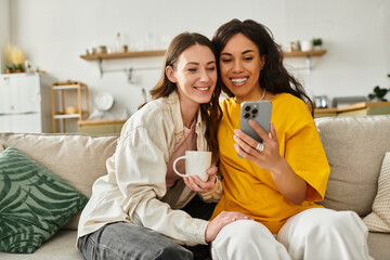 Loving couple shares a joyful moment while relaxing at home in a cozy afternoon setting