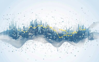 Abstract financial data visualization.  City skyline overlaid with fluctuating market trend data.  Dynamic waves of information illustrate complex market forces