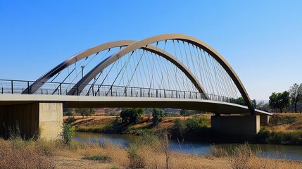 A bold curved steel bridge, its deck held aloft by two sleek, symmetrical arches, combining modern aesthetics with robust structural design. 