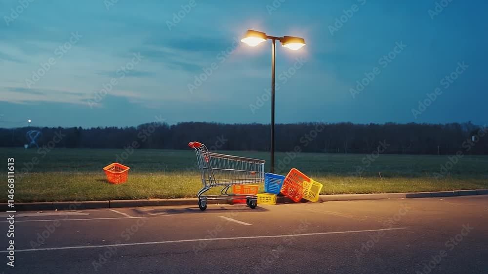 Poster empty shopping cart and colored crates under a light post at dusk.