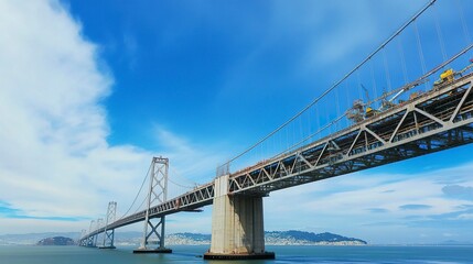 Fototapeta premium A breathtaking shot of a bridge under construction, its towering supports and scaffolding boldly standing against the brilliant blue sky. 