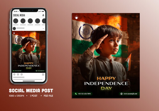 Happy Independence Day Social Media Post with Cute Little Boy Saluting with National Flag, Editable Design.