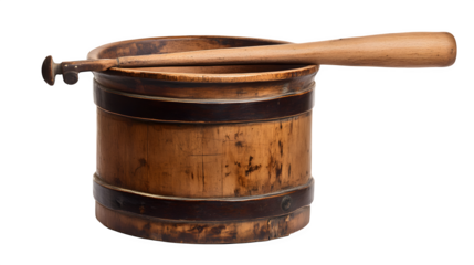 An antique wooden butter churn with a long handle, symbolizing traditional kitchen tools, isolated on a transparent background