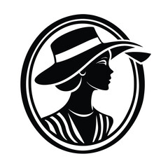 Fototapeta premium Elegant black and white silhouette of a woman wearing a stylish hat inside a circular frame for fashion designs
