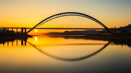 A breathtaking sunset over the New River Bridge in West Virginia, its iconic steel arch glowing against the clear sky, reflecting in the serene river below. 