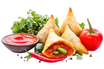 Samosa feast crispy triangles fiery sauce fresh herbs  vibrant veggies on a white backdrop