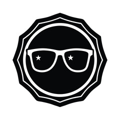 Stylish black and white emblem featuring glasses with stars inside the lenses against a background of a decorative frame.