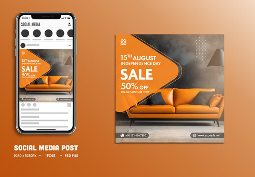15th August, Independence Day Social Media Furniture Sale Post with Shiny Leather Sofa for Advertising Festival or Event, Editable Design.