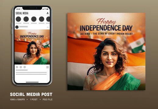 Happy Independence Day Social Media Post with Smiling Indian Young in Traditional Saree Against Waving National Flag, Editable Design.
