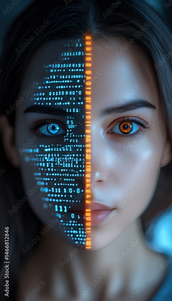 Aufkleber woman with half face as digital binary code, cyberpunk style with glowing eyes data concept