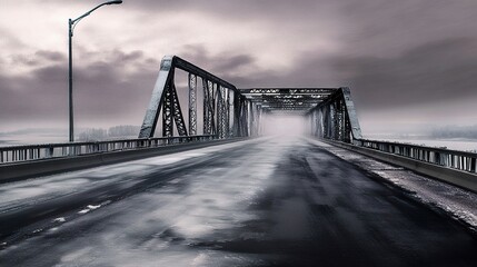 A bridge enveloped in a frosty chill, black ice forming on the roadway, its subtle sheen under the early morning sky posing a hidden danger 