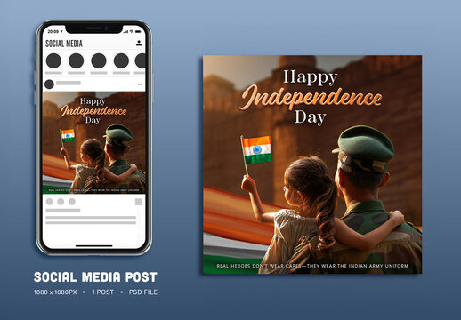 Happy Independence Day Social Media Post with Indian Army Man Holding a Little Girl and National Flag, Editable Design.