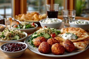 Delicious spread of traditional dishes on a table with a scenic view in a cozy setting during a sunny afternoon