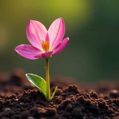 Fototapeta premium Delicate pink flower stem emerges from rich brown soil , gardenia, pink flower, soft
