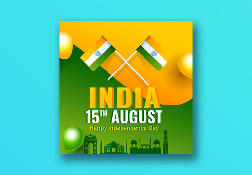 15th August, Indian Independence Day Social Media Post with Cross Two National Flag, Balloons and Famous Monuments, Editable Design.