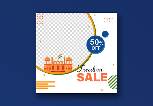 Independence Day Social Media Sale Post with Red Fort Famous Monument, Waving National Flag and Image Placeholder for Advertising, Editable Design.