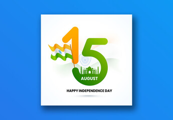 15th August, Independence Day Social Media Post with Taj Mahal and National Flag at Sunshine Mountains, Editable Design.